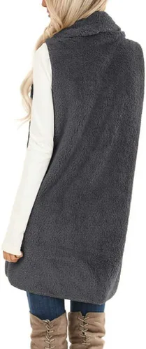 Vista 4 de ReachMe Chaleco de sherpa sin mangas para mujer con bolsillos con solapa frontal abierto de forro polar, suéter mullido