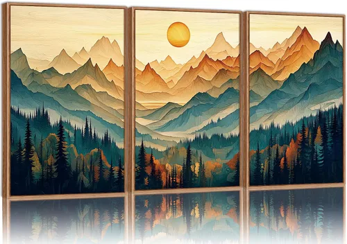 Vista 27 de Tinonedraw Arte de Pared en Lienzo Enmarcado de Paisaje de Montaña Beige, Decoración de Pared Moderna Abstracta de Mediados de Siglo, Arte de Lago