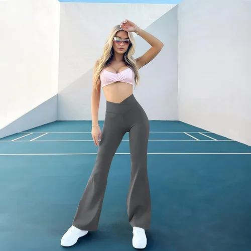 Vista 2 de Cheerace Pantalones de yoga casuales para mujer, con cintura alta, cruzados, acampanados, para entrenamiento
