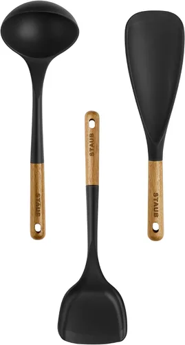 Vista 4 de STAUB Juego de utensilios de cocina de silicona con mango de madera de 5 piezas Negro mate