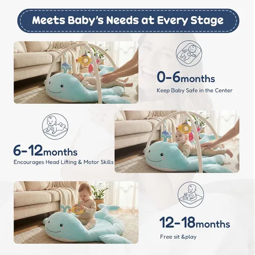 Vista 5 de Tapete de Juego para Bebé, Tapete de Tiempo Boca Abajo de Ballena con Juguetes, Gimnasio de Actividades para Bebés de 0–12 Meses – Tapete Sensorial
