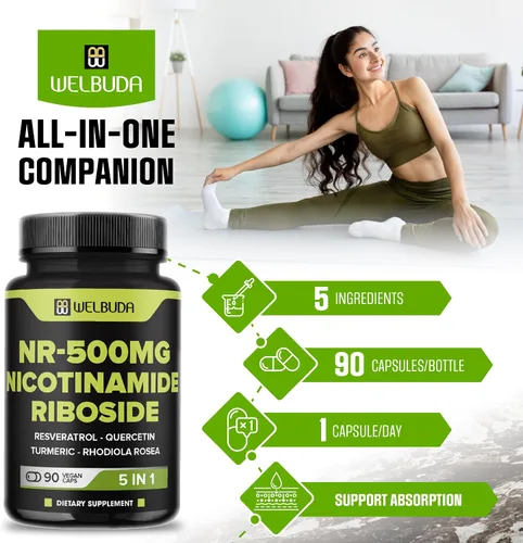 Vista 6 de WELBUDA Suplemento de ribósido de nicotinamida 5 en 1+ con resveratrol, quercetina, cúrcuma, Rhodiola Rosea - 90 unidades durante 90 días