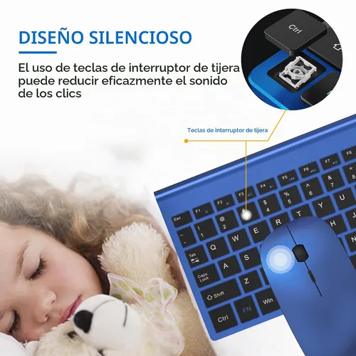 Vista 2 de Combo de teclado y ratón inalámbricos ultra delgado, TopMate - Azul Negro 2.4G Silent Compact 2400DPI Mouse and Scissor Switch Keyboard Set with