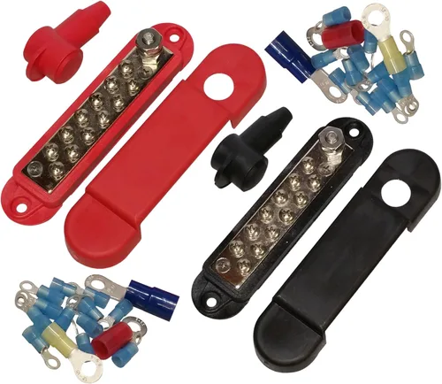 Vista 2 de Bloque de distribución de 12 terminales -BUSBAR- con terminales de anillo., Paquete de 2, Rojo y negro