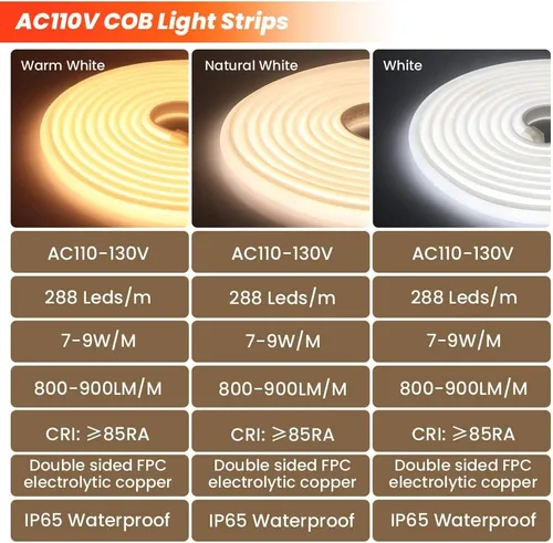 Vista 3 de KISUFU COB - Tira de luces LED, luces LED de neón de 110 V, 288 luces LED recortables, tiras de neón flexibles COB, interruptor de correa