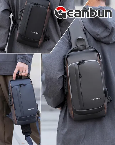 Vista 8 de Geanbun Mochila cruzada USB antirrobo impermeable para el pecho, D-azul y marrón, Moda