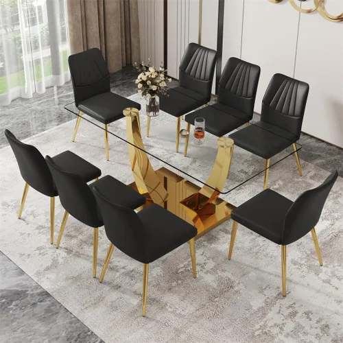 Vista 21 de Juego de mesa de comedor de cristal de 63 pulgadas para 4, mesa de comedor para 4, mesa de comedor con patas y base de acero inoxidable, sillas
