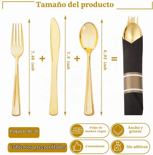 Vista 5 de Supernal Juego de 30 Cubiertos de Plástico Dorado Preenvueltos con Servilletas, Juego de Cubiertos de Plástico Envueltos, Utensilios Desechables