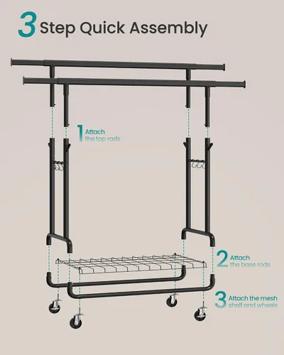 Vista 6 de SONGMICS Perchero de Ropa, Perchero de Ropa Rodante de Servicio Pesado con Ruedas, Barras Colgantes Dobles Extensibles y Altura Ajustable, Portátil