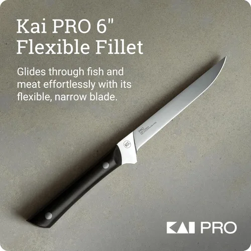 Vista 2 de Cuchillo de filete flexible Kai PRO de 6 pulgadas, cuchillo de filete afilado a mano, hoja de acero inoxidable alemán DIN1.4116, mango POM de espiga
