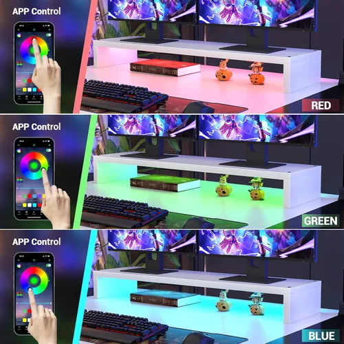 Vista 9 de Armocity Escritorio para computadora con luces LED, escritorio de 48 pulgadas con toma de corriente y USB, escritorio grande reversible con soporte