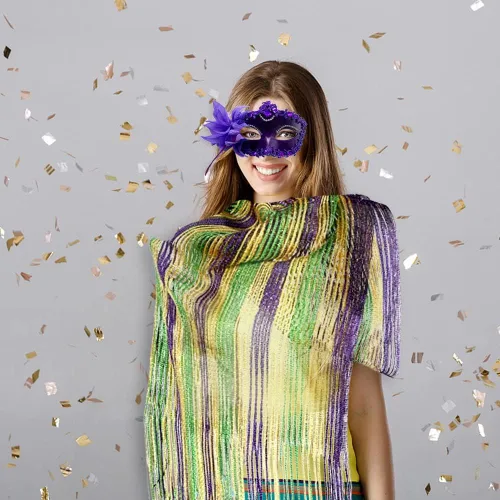 Vista 6 de Mardi Gras - Bufanda de malla brillante con máscara de plumas de purpurina morada accesorio de disfraz de Mardi Gras disfraz de mascarada para Mardi