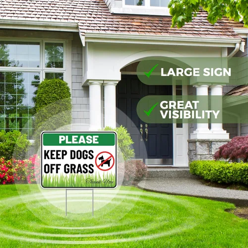 Vista 4 de Letrero con estaca con estaca con texto en inglés "Keep Dogs Off Lawn con estaca", plástico corrugado, con texto en inglés "Please Keep Dogs Off