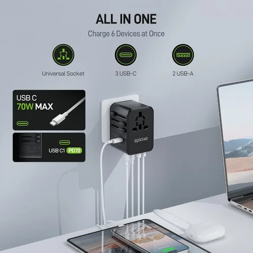 Vista 3 de EPICKA Adaptador de viaje universal, adaptador de enchufe internacional GaN con 3 USB-C de carga rápida PD de 70W y 2 USB-A todo en uno cargador