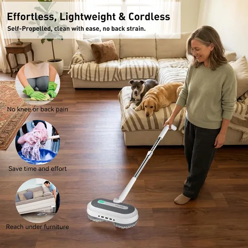 Vista 3 de Trapeador eléctrico inalámbrico, limpiador eléctrico de piso con rociador de agua y faro LED, tiempo de trabajo de 50 minutos, tanque de agua de 9.8