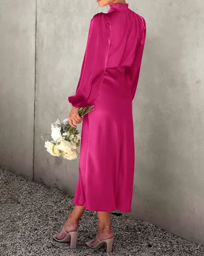 Vista 4 de BTFBM Vestido de satén con cuello alto falso para mujer, elegante, manga larga, cintura alta, formal, para boda, cóctel, fiesta, maxi vestidos