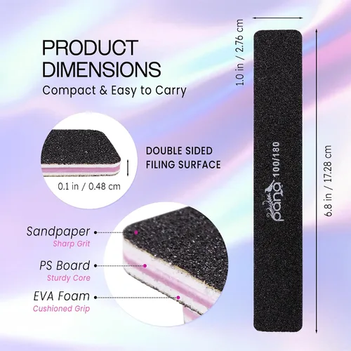 Vista 3 de PANA Lima de uñas Emery Jumbo de doble cara para manicura, pedicura, uñas naturales y acrílicas, color negro (grano 100/180), paquete de 50