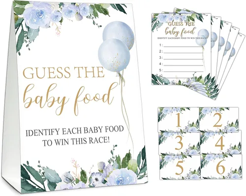 Vista 7 de Guess the Baby Food Party Games, juego de baby shower, 1 letrero de pie + 25 tarjetas de respuesta + 6 tarjetas de números, suministros