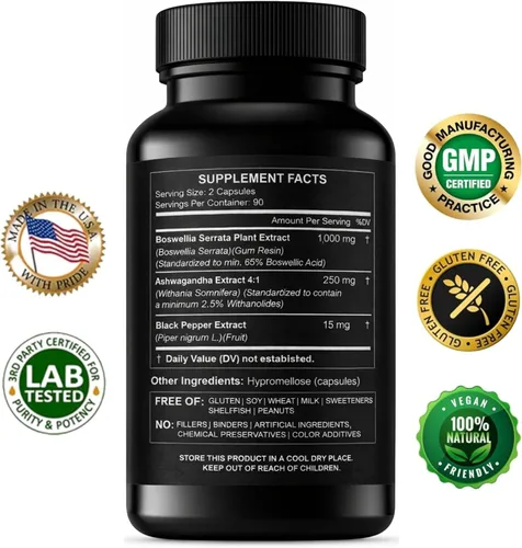 Vista 2 de Extracto de Boswellia 65% ácido boswélico y cápsulas de Ashwagandha – Píldoras de apoyo natural fuerte suministro para 3 meses – Boswellia Serrata