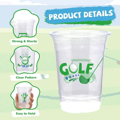 Vista 2 de 100 vasos de plástico para pelotas de golf, 16 onzas, color verde, desechables, vasos de plástico desechables para deportes, cumpleaños, soltero