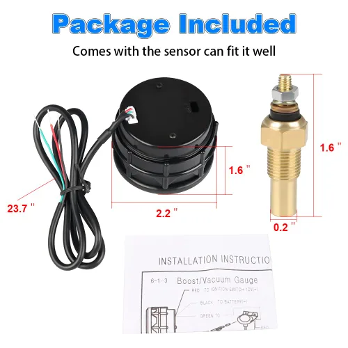 Vista 7 de WATERWICH Kit de medidor de temperatura del agua con termómetro de temperatura del agua 104-302℉ DC12V 2 pulgadas 52 mm con sensor para coche