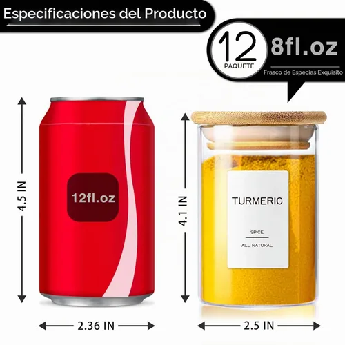 Vista 2 de 12 tarros de vidrio para especias con tapas herméticas de bambú y 201 etiquetas, recipientes pequeños de almacenamiento de alimentos vacíos de 8