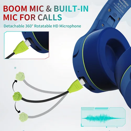 Vista 2 de Riwbox CF9 - Auriculares Bluetooth para niños con luz LED, límite de volumen seguro de 85 dB, micrófono integrado y micrófono Boom para llamadas