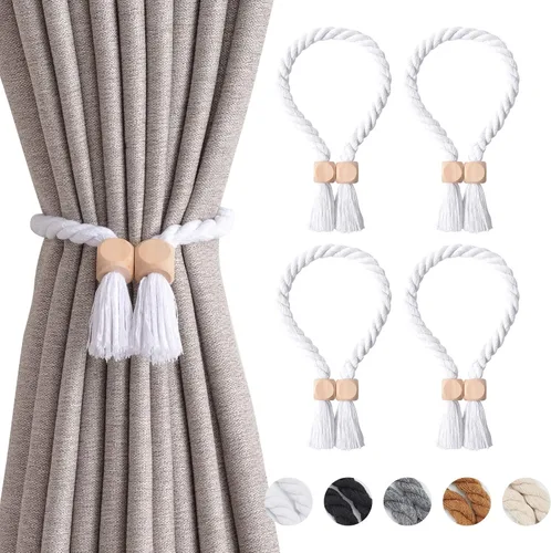 Vista 43 de NICEEC 2 Pack de Alzapaños Magnéticos de Madera en Forma de Cubo Boho para Decoración del Hogar, Alzapaños de Lino Tejidos a Mano para Cortinas Beige