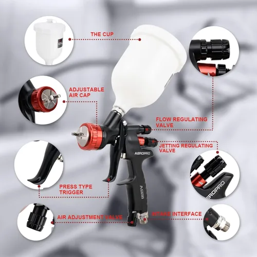 Vista 7 de AEROPRO Tools A608 HVLP - Kit de pistola pulverizadora de aire, boquilla de 1.3mm, regulador, 5 coladores de pintura, taza de 600cc, pistola