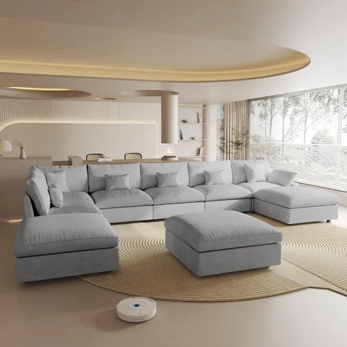 Vista 12 de Sofá seccional modular extragrande, fundas de cojín de sofá en forma de L de 154 pulgadas, fundas de sofá seccional de lino extraprofundas y Gris