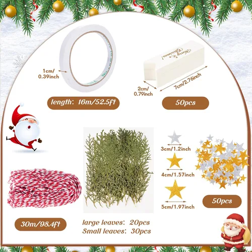 Vista 3 de Cholemy Juego de papel de regalo de Navidad de 15.7 pulgadas x 65.6 pies con ramas de pino natural, papel de estraza de algodón, calcomanías
