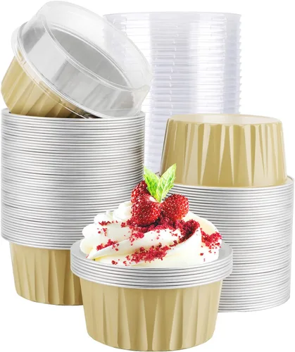 Vista 11 de EUSOAR Vasos para cupcakes con tapas, paquete de 50 forros para magdalenas de 5 onzas de colores surtidos, moldes desechables de papel de aluminio 5