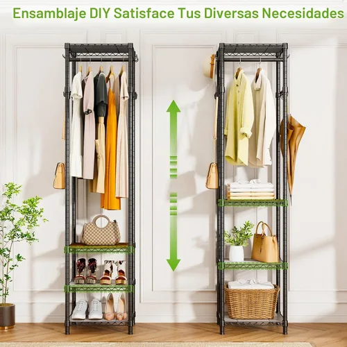 Vista 4 de R1 Perchero de Servicio Pesado para Ropa, Percheros para Ropa para Colgar Prendas, Perchero de Prendas con Estantes de Almacenamiento, Perchero