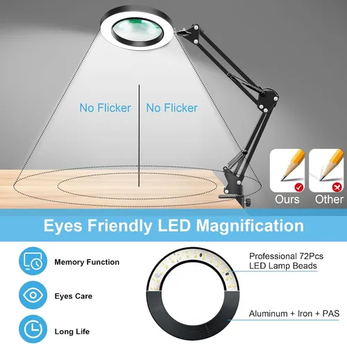 Vista 4 de Lupa de Aumento 10X con Luz y Abrazadera, Lupa de Cristal Real con LED Iluminada, 3 Modos de Color 10 Niveles Regulables, Lámpara de Aumento