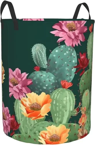 Vista 2 de Cesto circular con estampado floral de cactus, impermeable, cesta organizadora de lavandería, con asas, para ropa, juguetes, pequeña