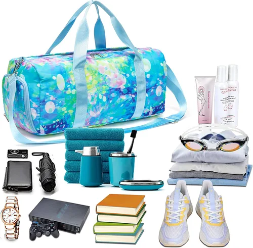 Vista 5 de BLUBOON Bolsa de lona para niñas y niños, bonita bolsa de gimnasio con compartimento para zapatos y separación húmeda, impermeable, bolsa de viaje