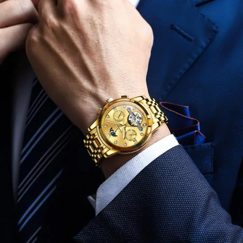 Vista 3 de OLEVS Men Automatic Watch Skeleton Moon Phase Dial Luxury Dress Stainless Steel Strap 5 Hands Diamond Men Wrist Watches