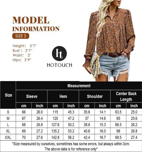 Vista 6 de HOTOUCH Blusas de manga larga para mujer, estilo bohemio, estampado floral, estilo casual, cuello en V, plisadas, con cordón ajustable