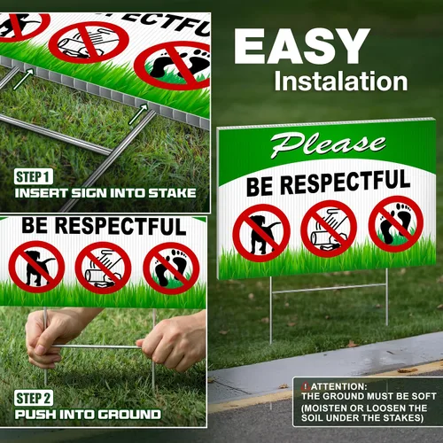 Vista 5 de Letreros de perro con texto en inglés «Please Be Respectful» de 8 x 12 DS Coroplast Keep Off Grass, sin desperdicios, frena a tu perro Keep Off