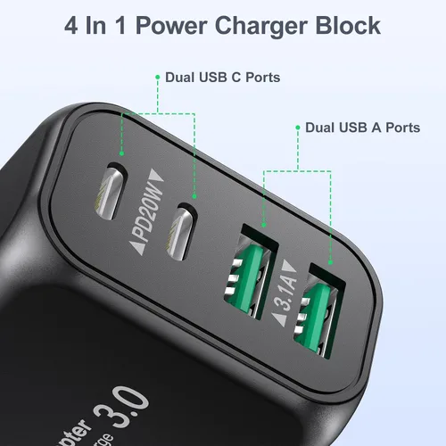 Vista 2 de Bloque de cargador USB, 40 W, 4 puertos, doble QC+PD3.0, bloque de carga rápida, adaptador de corriente USB C, enchufe de pared para iPhone