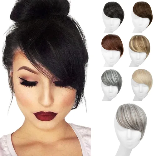 Vista 15 de SARLA Flequillo lateral negro marrón con clip en piezas de cabello sintético, extensión de flequillo recto para mujeres