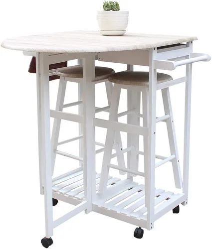 Vista 3 de FCH Drop Leaf Mesa de comedor con juegos de sillas para cocina pequeña, 3 piezas, carrito de cocina de madera con ruedas, 2 taburetes redondos y 2