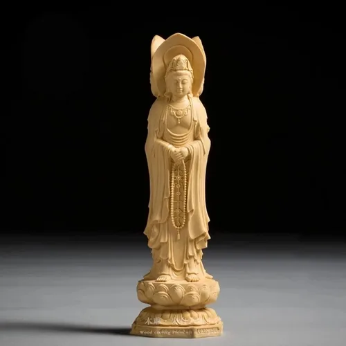 Vista 4 de Estatua china de Nanhai Quan Yin Feng Shui, tallado a mano boj tres lados Kuan Yin Buddha estatua decoración de oficina en casa, escultura femenina