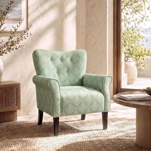 Vista 19 de BELLEZE Silla decorativa moderna, sillón de respaldo alto, silla lateral tapizada con respaldo alado, sofá individual acolchado con patas de madera