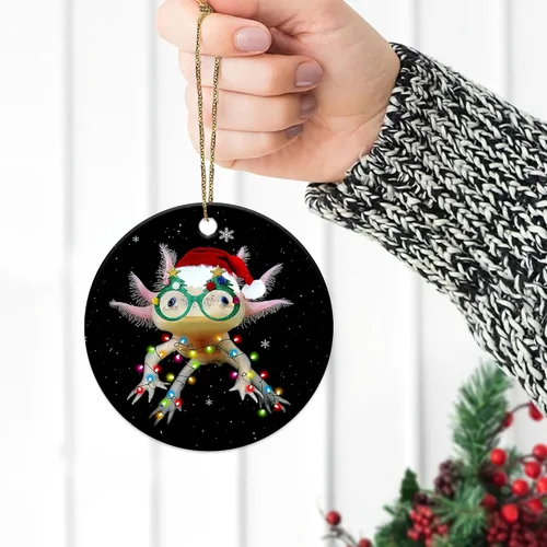 Vista 8 de Hyturtle Adorno de Navidad para los amantes de los ajolotes – Ajolote con sombrero, adorno de cerámica de Navidad – Lindo regalo para amantes