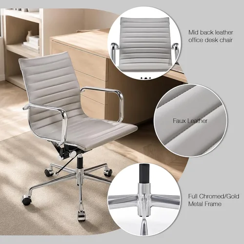 Vista 3 de Gray Office Chair, PU Leather Mid Back Adjustable Desk Chair Adjustable Height with Quiet Rolling Casters