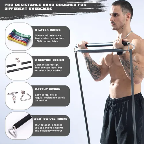 Vista 2 de Resistance Band Bar, Length-Adjustable Detachable Heavy Duty Workout Bar for Resistance Band Training, Core Muscle Training, Home & Ourdoor Workout
