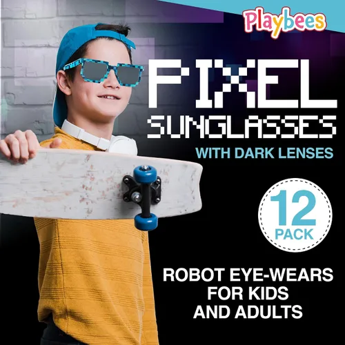 Vista 3 de Playbees Pixel Sunglasses Paquete de 12 Gafas de sol robot para niños y adultos Marcos gráficos pixelados Perfecto para fiestas de cumpleaños