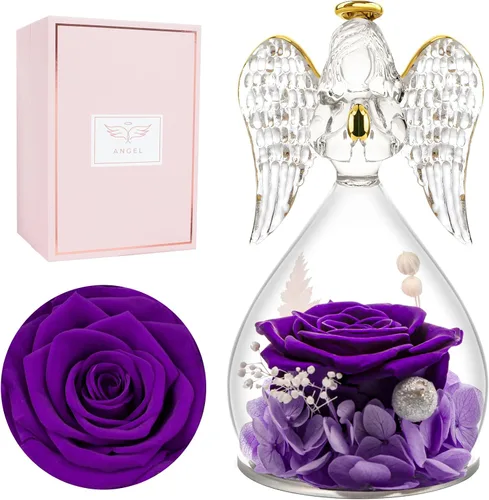 Vista 13 de Miofula Regalos para mamá, regalos de cumpleaños para mujeres, flores preservadas en figuras de ángel de cristal, flores frescas para entrega, Rosa