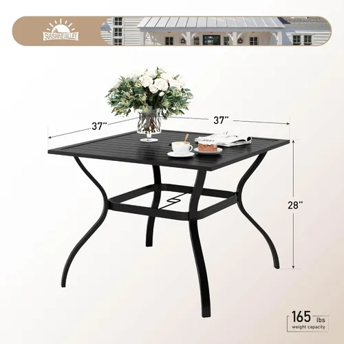 Vista 3 de Mesa de patio con agujero para paraguas, mesa de comedor de metal negro para 4 personas 37" wrought iron table, weather resistant. Slatted table